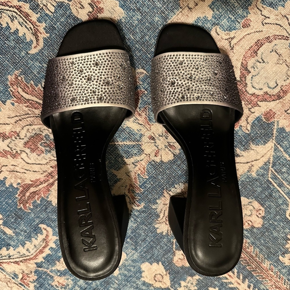 Karl Lagerfeld Black and Silver Heeled Sandals